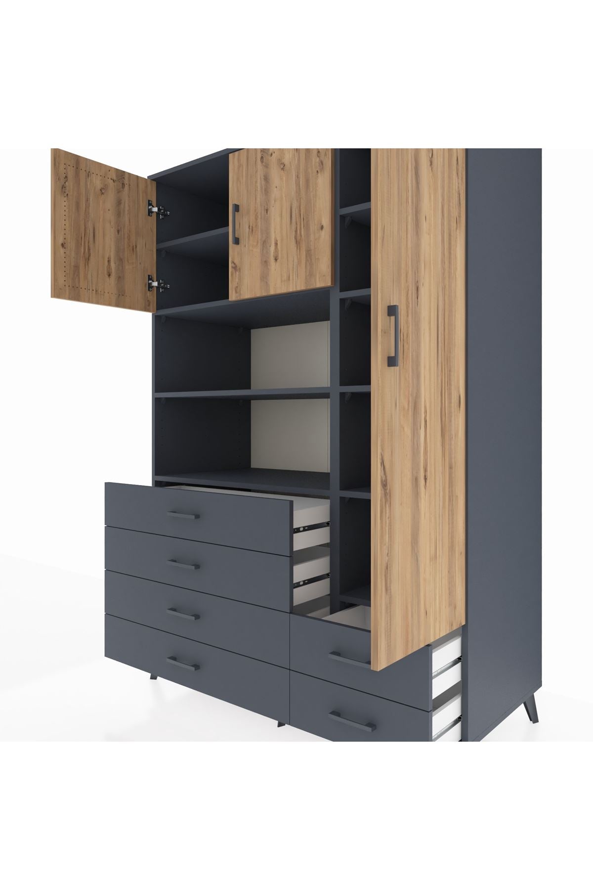Kronos Dolap 9 Raflı 6 Çekmeceli 3 Kapaklı 132x59x195 Antrasit-Çam/Antrasit