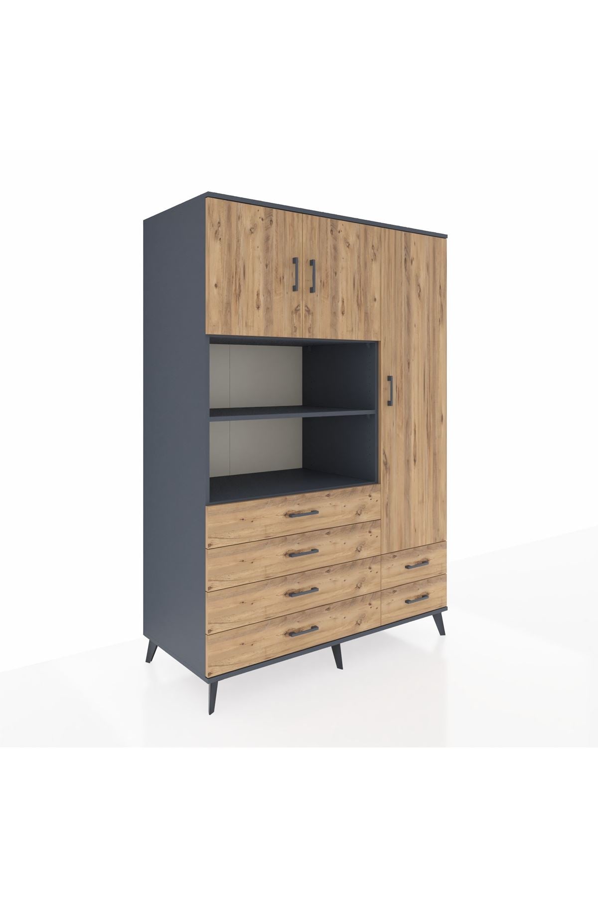 Kronos Dolap 9 Raflı 6 Çekmeceli 3 Kapaklı 132x59x195 Antrasit-Çam/Çam