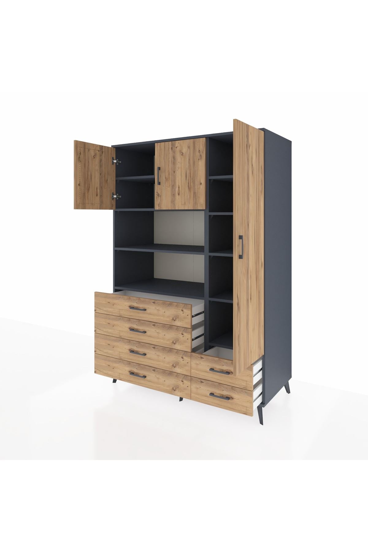 Kronos Dolap 9 Raflı 6 Çekmeceli 3 Kapaklı 132x59x195 Antrasit-Çam/Çam