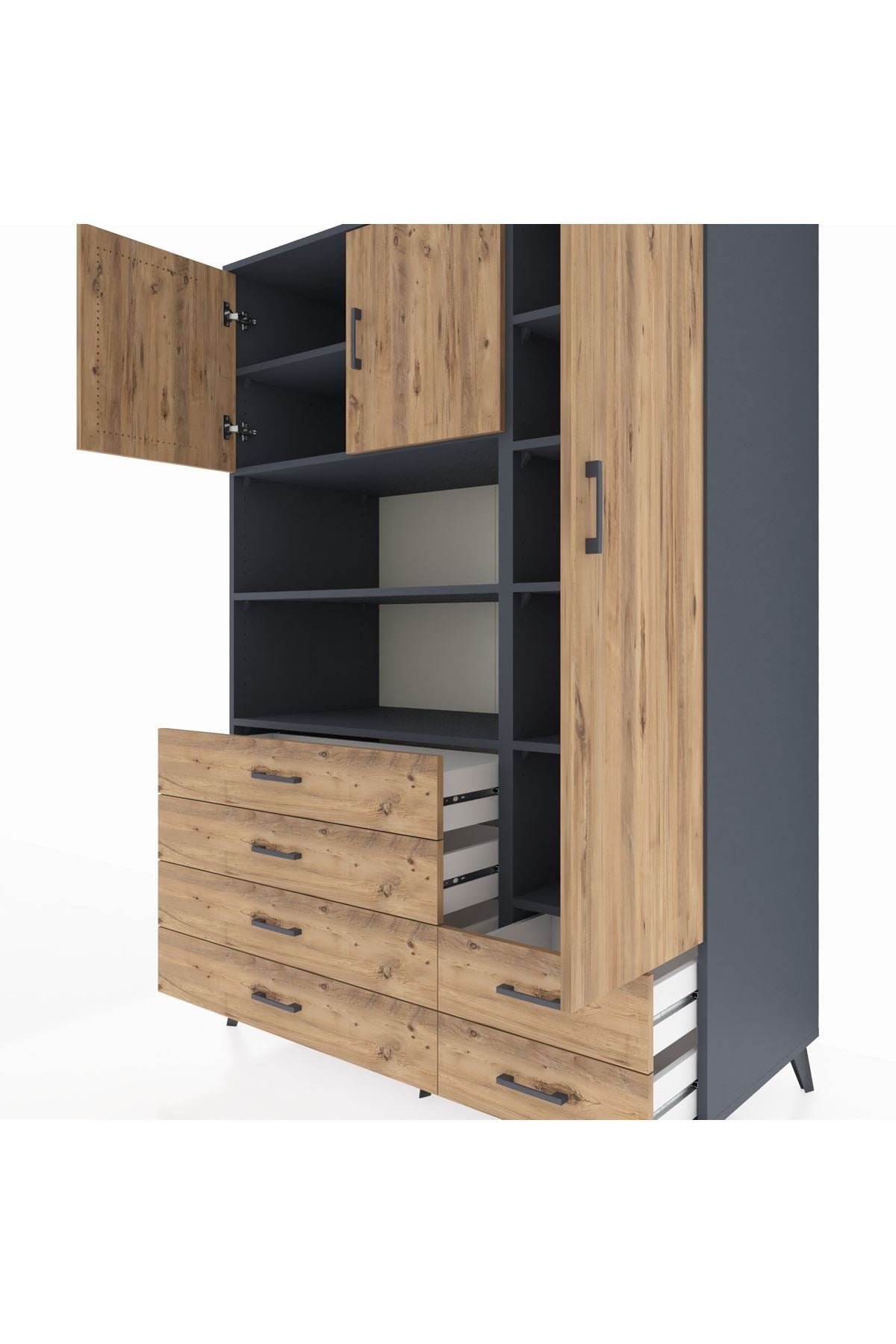 Kronos Dolap 9 Raflı 6 Çekmeceli 3 Kapaklı 132x59x195 Antrasit-Çam/Çam