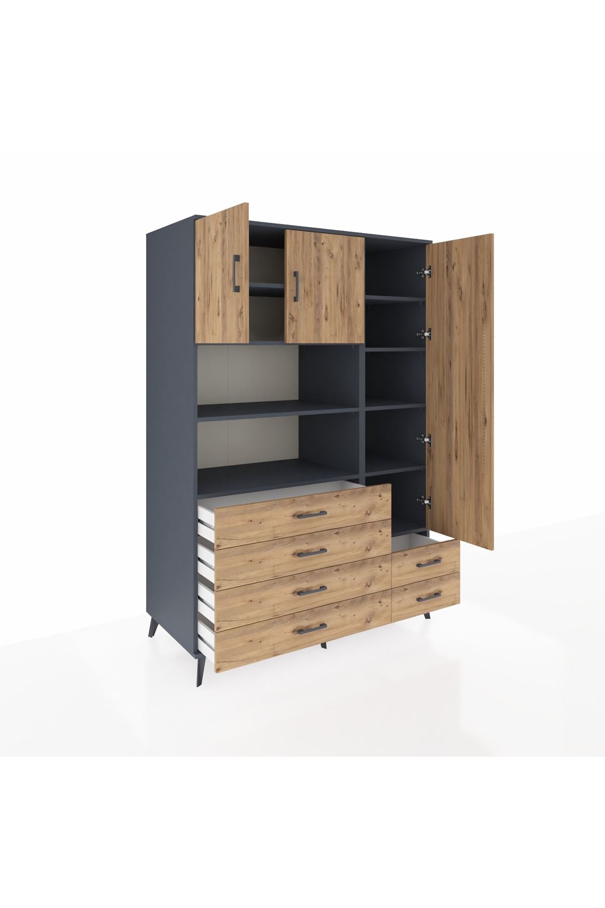 Kronos Dolap 9 Raflı 6 Çekmeceli 3 Kapaklı 132x59x195 Antrasit-Çam/Çam