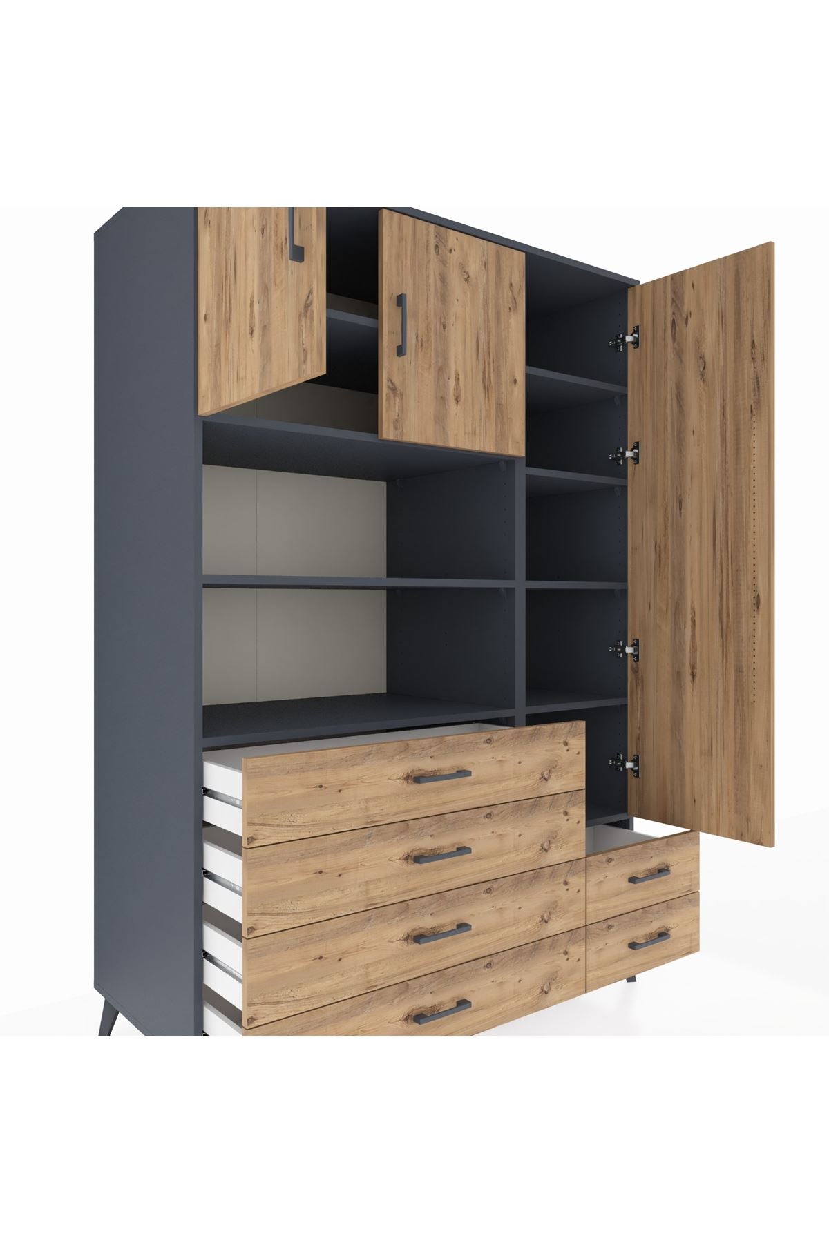 Kronos Dolap 9 Raflı 6 Çekmeceli 3 Kapaklı 132x59x195 Antrasit-Çam/Çam