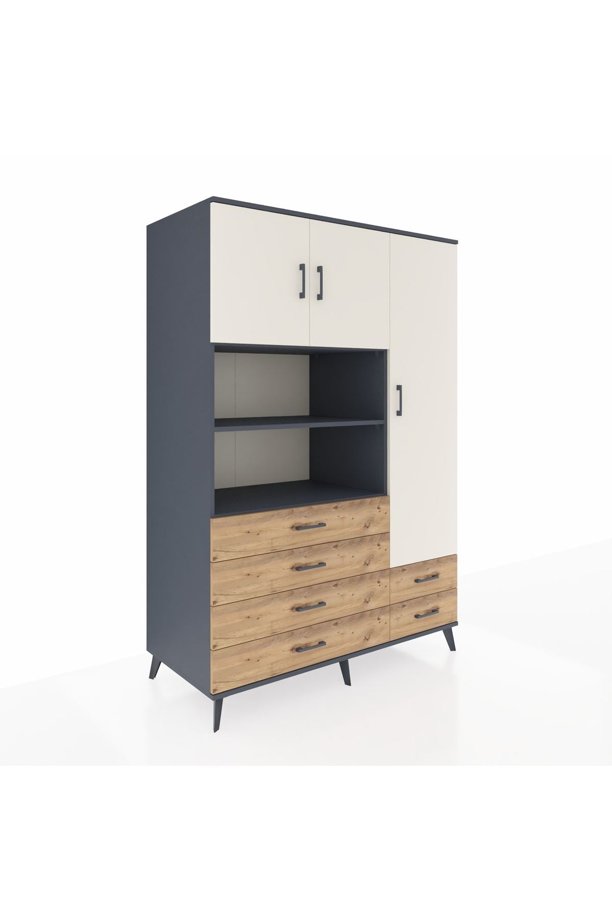 Kronos Dolap 9 Raflı 6 Çekmeceli 3 Kapaklı 132x59x195 Antrasit-Aytaşı/Çam