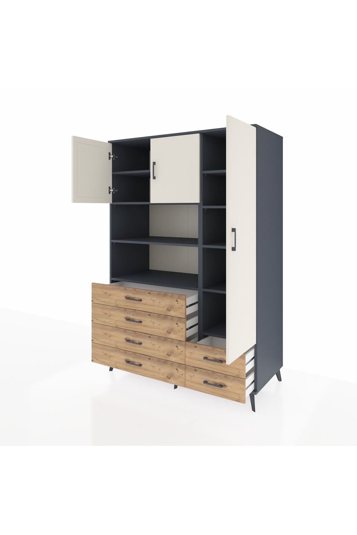 Kronos Dolap 9 Raflı 6 Çekmeceli 3 Kapaklı 132x59x195 Antrasit-Aytaşı/Çam