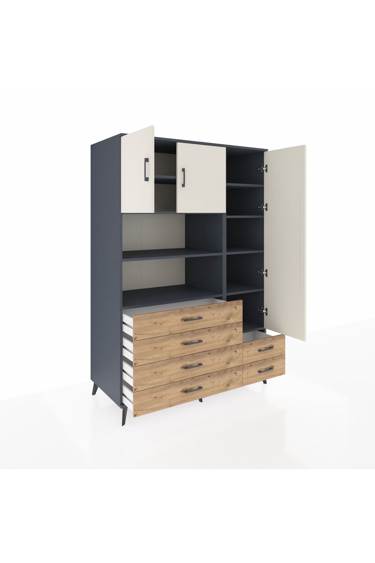 Kronos Dolap 9 Raflı 6 Çekmeceli 3 Kapaklı 132x59x195 Antrasit-Aytaşı/Çam