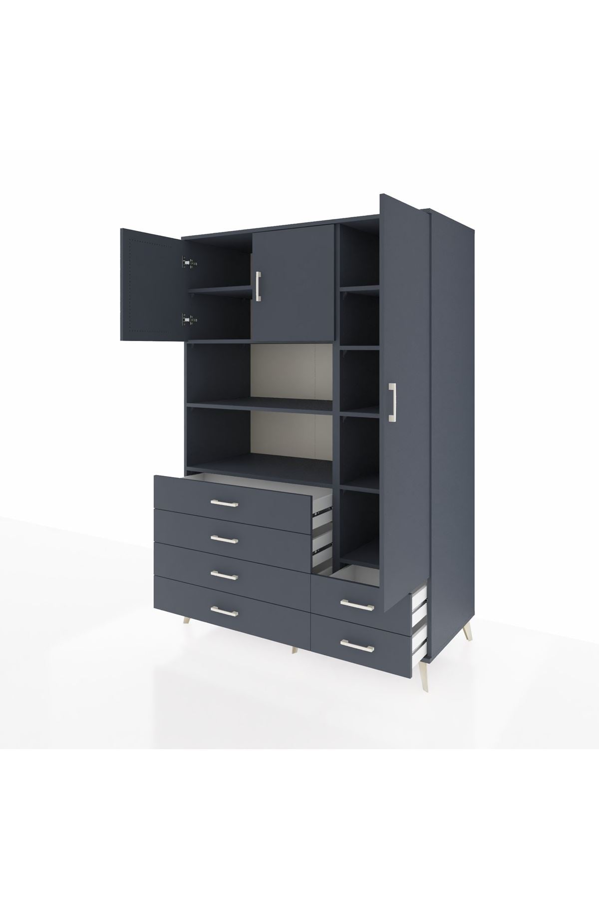 Kronos Dolap 9 Raflı 6 Çekmeceli 3 Kapaklı 132x59x195 Antrasit-Antrasit/Antrasit