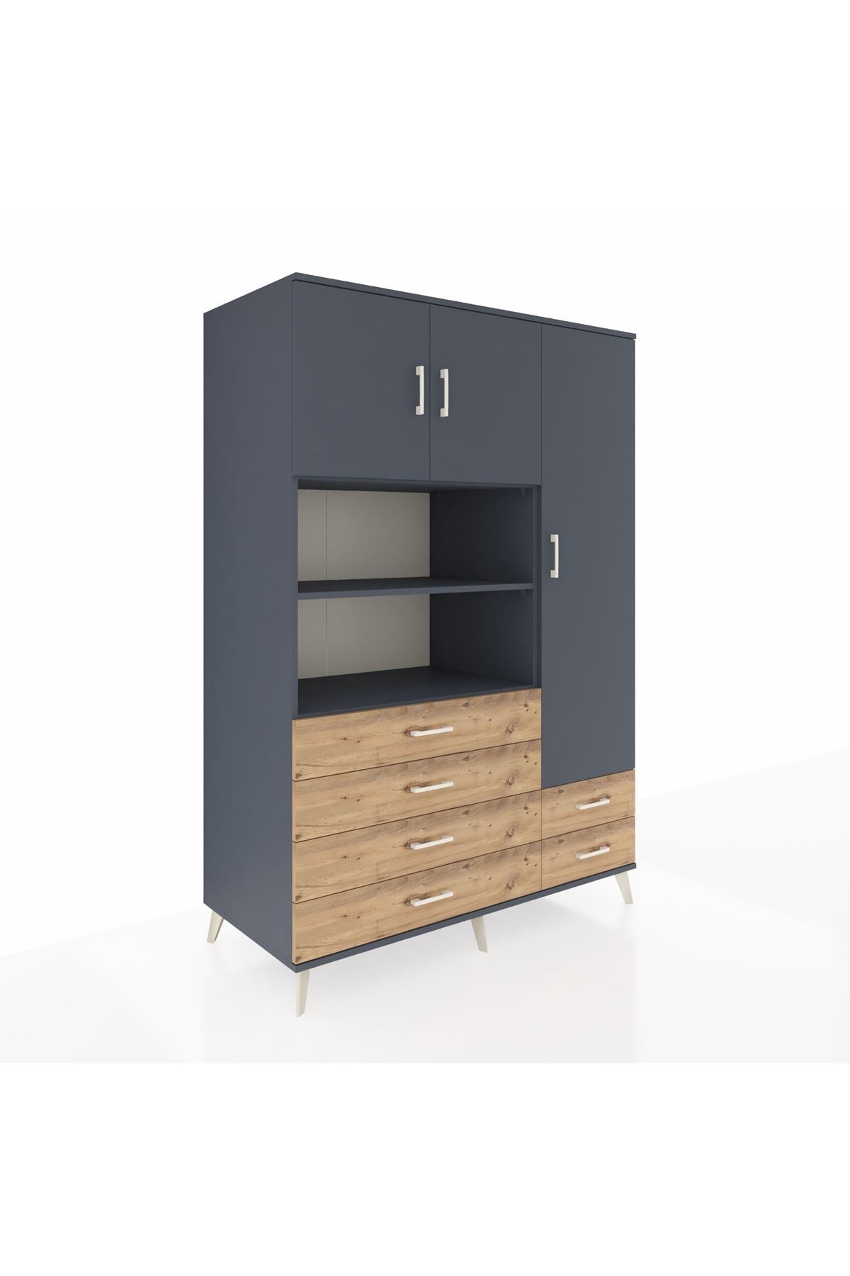 Kronos Dolap 9 Raflı 6 Çekmeceli 3 Kapaklı 132x59x195 Antrasit-Antrasit/Çam