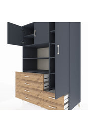 Kronos Dolap 9 Raflı 6 Çekmeceli 3 Kapaklı 132x59x195 Antrasit-Antrasit/Çam