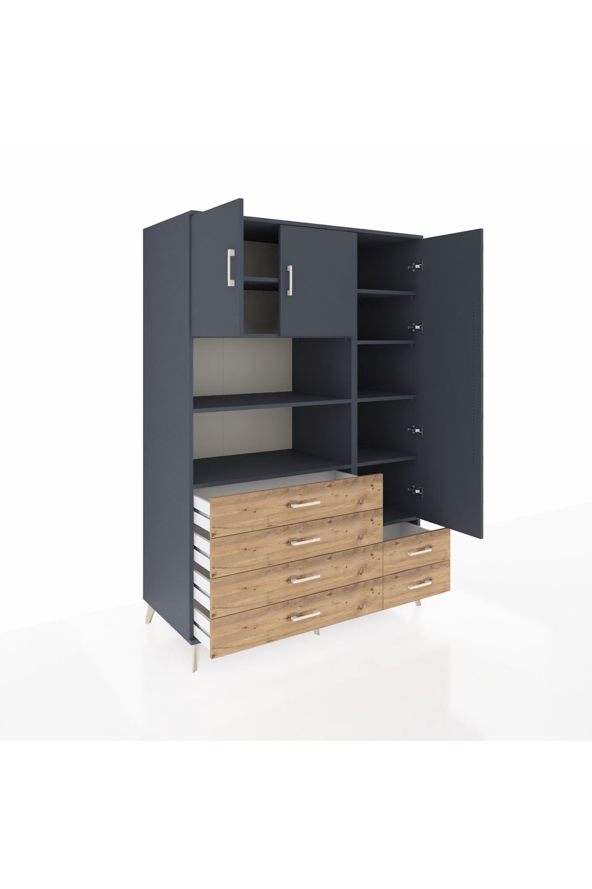 Kronos Dolap 9 Raflı 6 Çekmeceli 3 Kapaklı 132x59x195 Antrasit-Antrasit/Çam