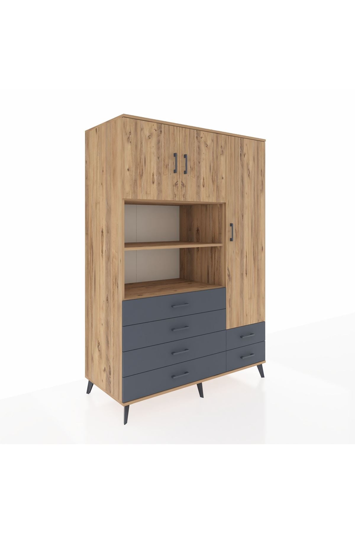 Kronos Dolap 9 Raflı 6 Çekmeceli 3 Kapaklı 132x59x195 Çam-Çam/Antrasit