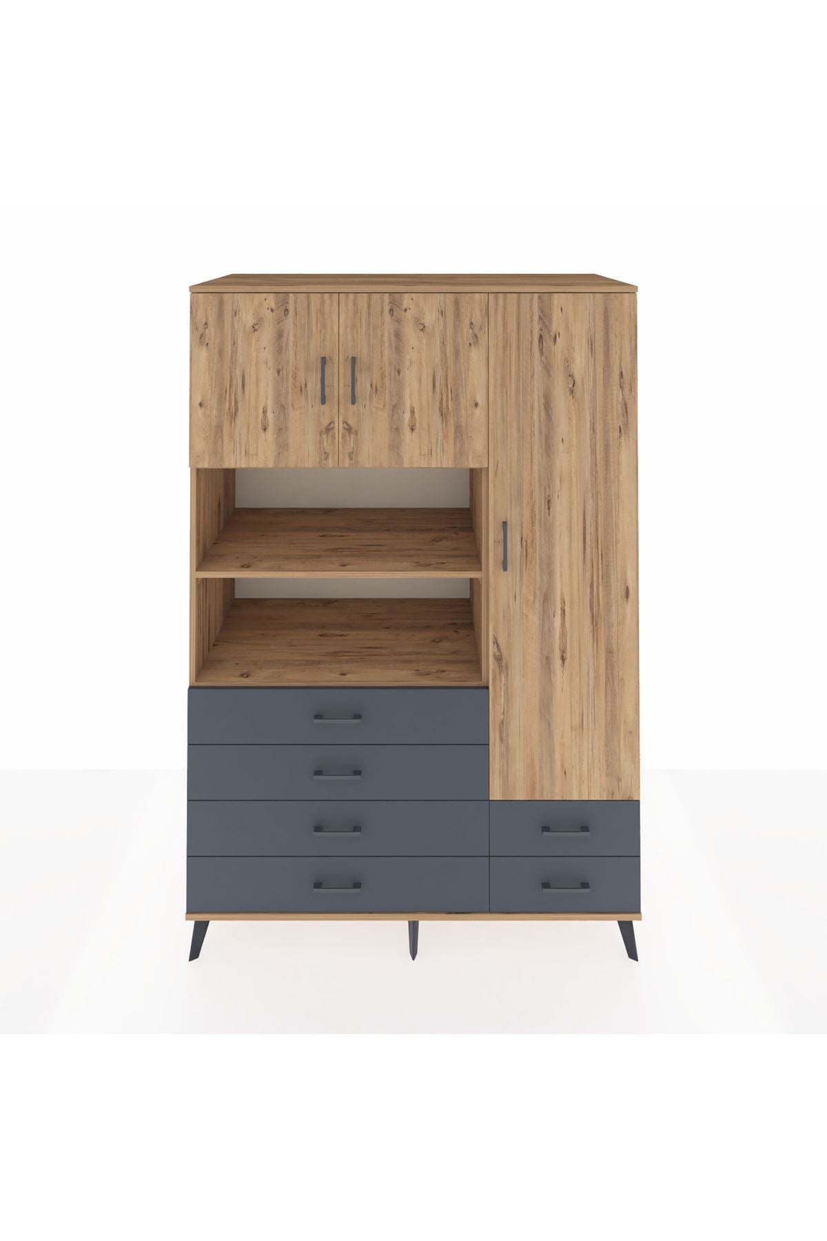 Kronos Dolap 9 Raflı 6 Çekmeceli 3 Kapaklı 132x59x195 Çam-Çam/Antrasit