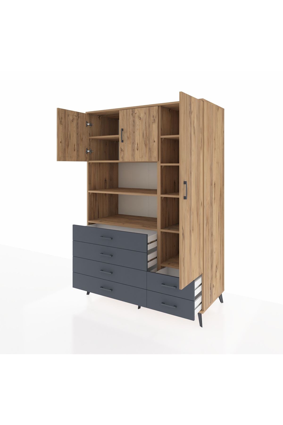 Kronos Dolap 9 Raflı 6 Çekmeceli 3 Kapaklı 132x59x195 Çam-Çam/Antrasit