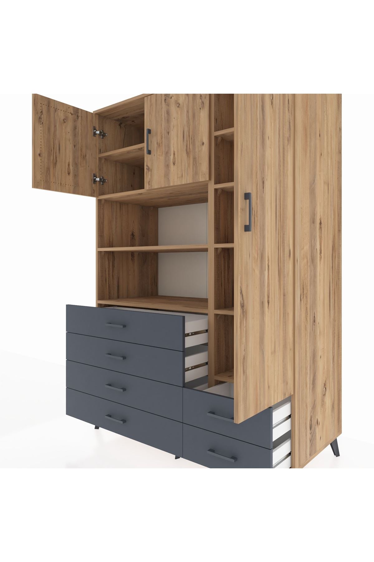 Kronos Dolap 9 Raflı 6 Çekmeceli 3 Kapaklı 132x59x195 Çam-Çam/Antrasit