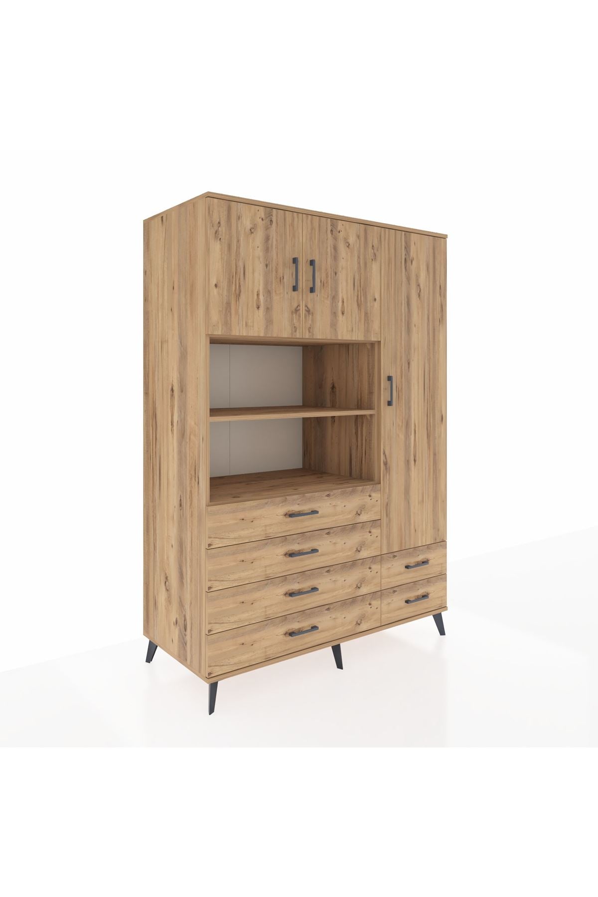 Kronos Dolap 9 Raflı 6 Çekmeceli 3 Kapaklı 132x59x195 Çam-Çam/Çam