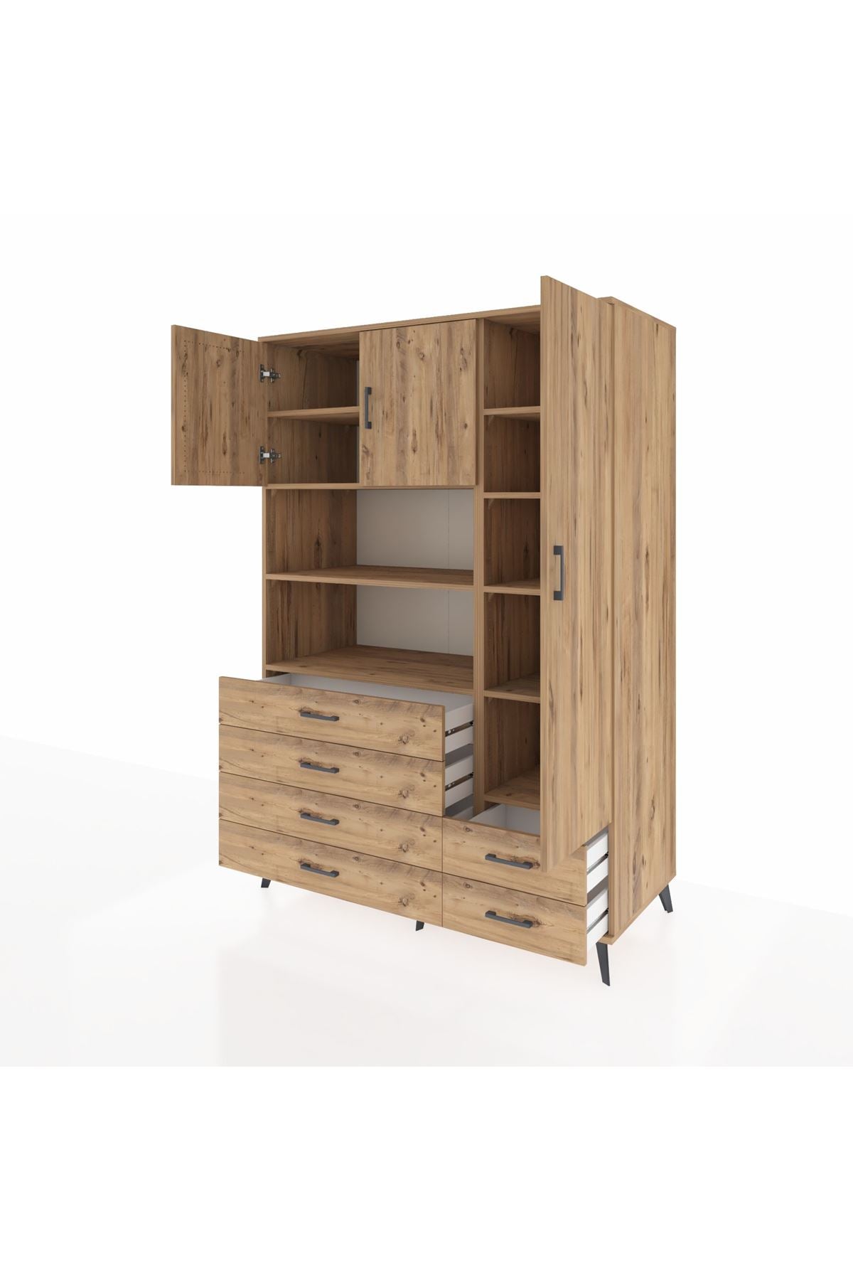 Kronos Dolap 9 Raflı 6 Çekmeceli 3 Kapaklı 132x59x195 Çam-Çam/Çam