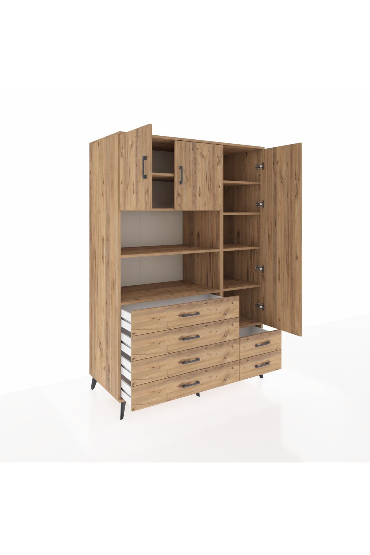 Kronos Dolap 9 Raflı 6 Çekmeceli 3 Kapaklı 132x59x195 Çam-Çam/Çam