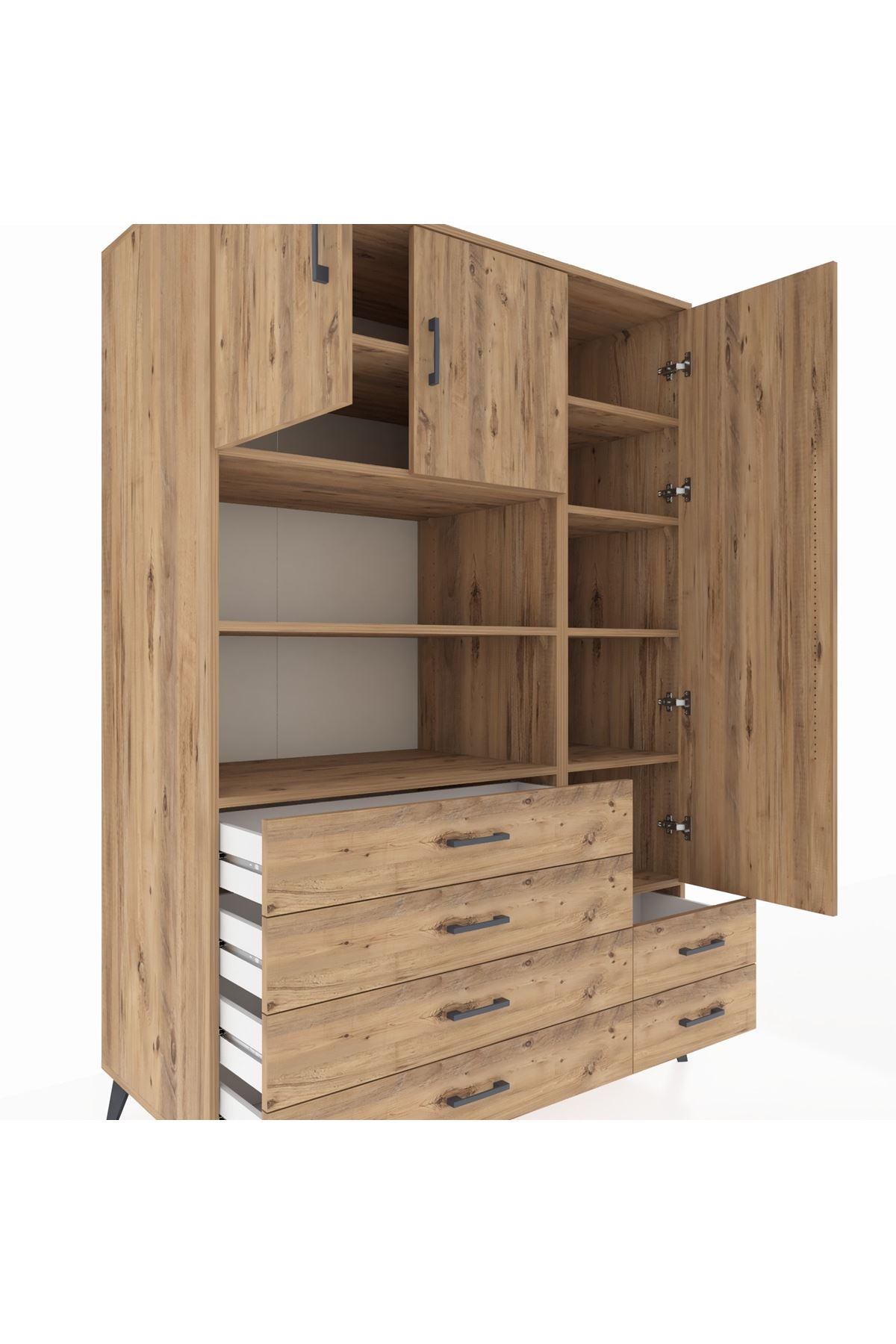 Kronos Dolap 9 Raflı 6 Çekmeceli 3 Kapaklı 132x59x195 Çam-Çam/Çam