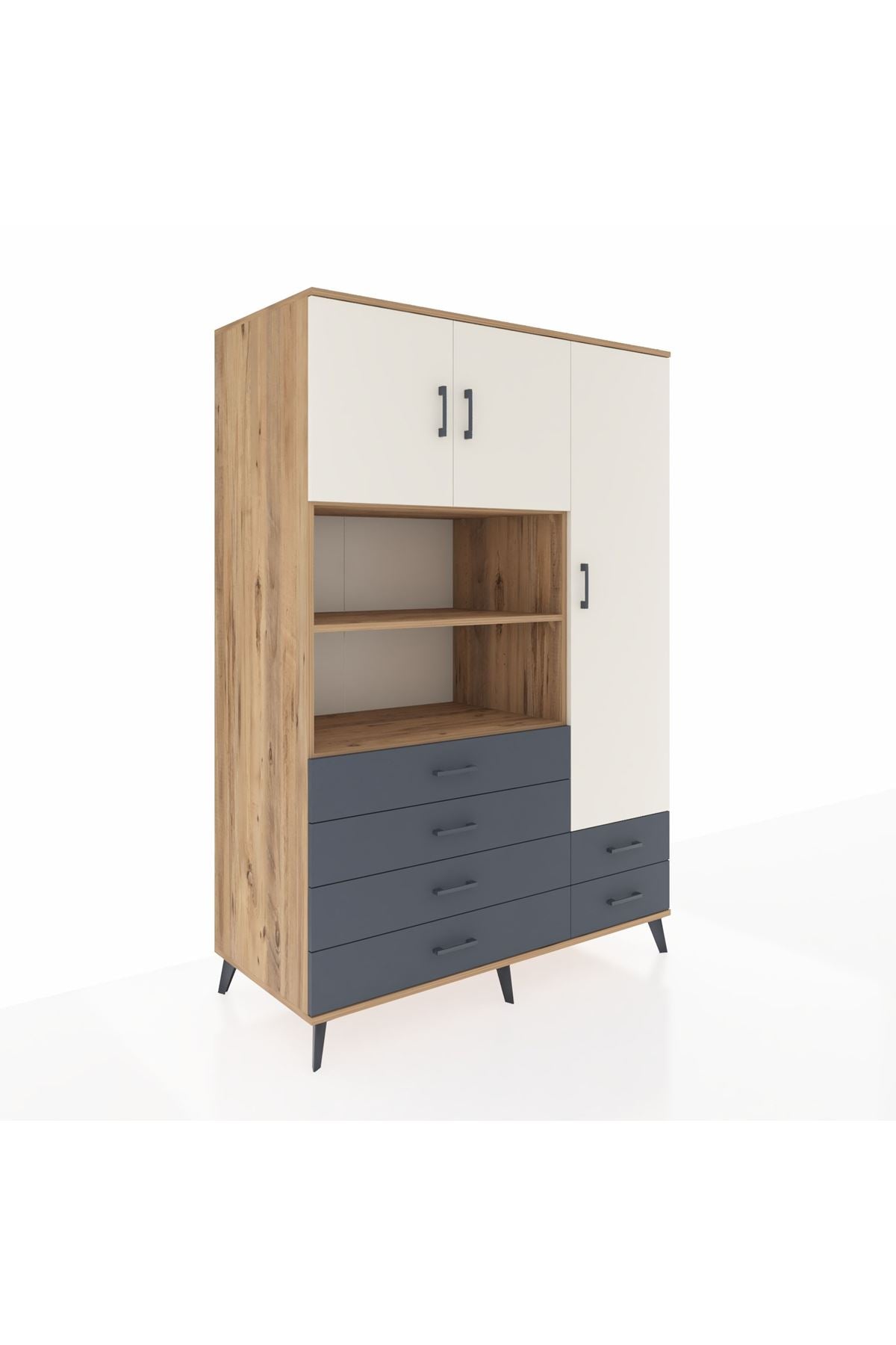 Kronos Dolap 9 Raflı 6 Çekmeceli 3 Kapaklı 132x59x195 Çam-Aytaşı/Antrasit