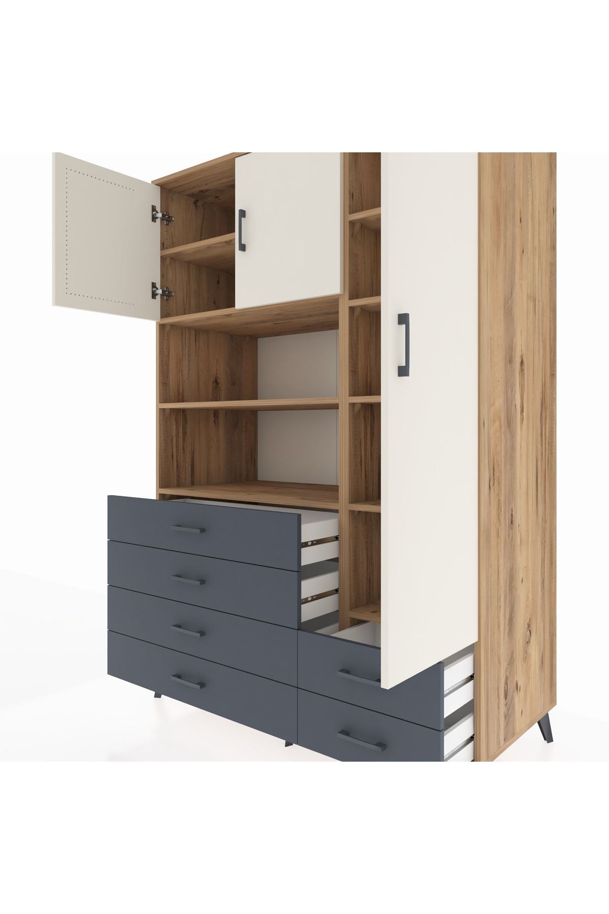 Kronos Dolap 9 Raflı 6 Çekmeceli 3 Kapaklı 132x59x195 Çam-Aytaşı/Antrasit