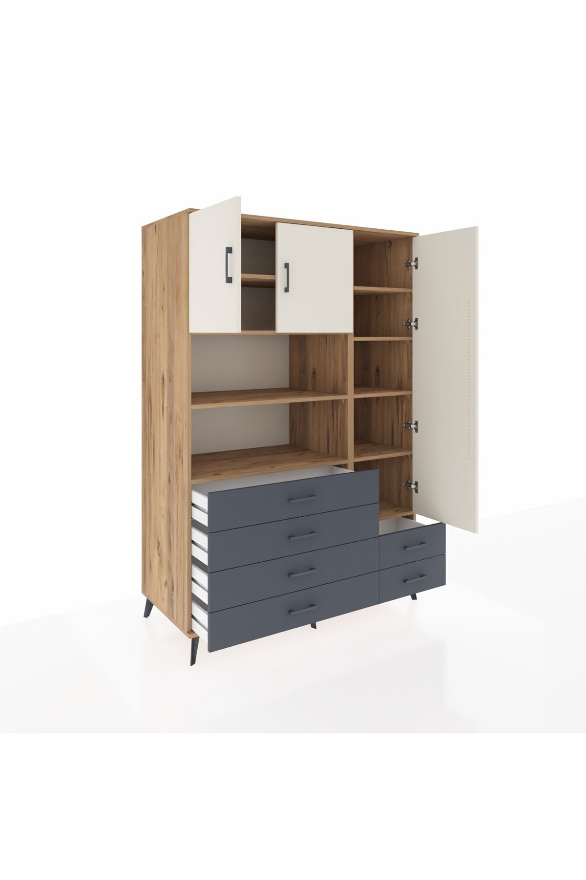 Kronos Dolap 9 Raflı 6 Çekmeceli 3 Kapaklı 132x59x195 Çam-Aytaşı/Antrasit