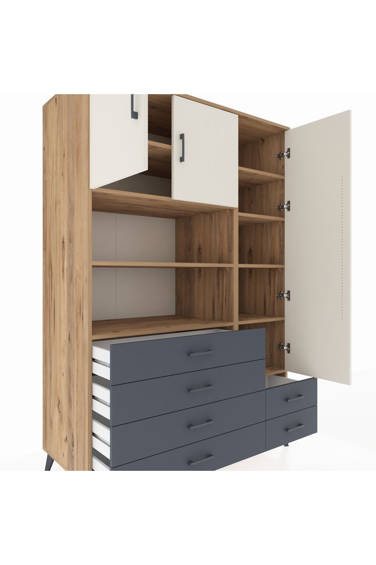 Kronos Dolap 9 Raflı 6 Çekmeceli 3 Kapaklı 132x59x195 Çam-Aytaşı/Antrasit