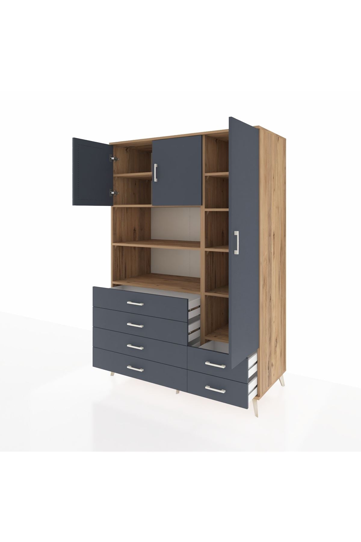 Kronos Dolap 9 Raflı 6 Çekmeceli 3 Kapaklı 132x59x195 Çam-Antrasit/Antrasit