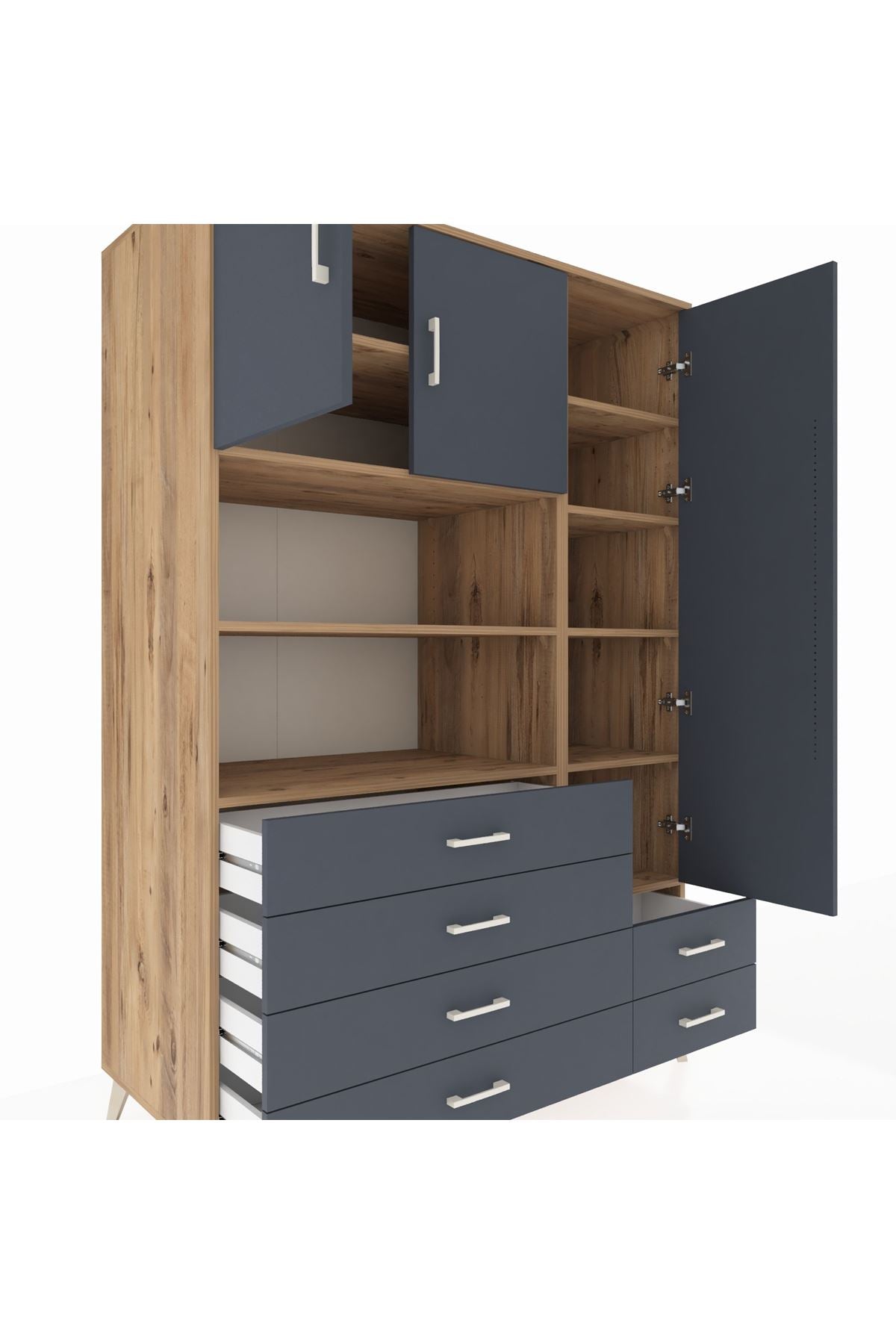 Kronos Dolap 9 Raflı 6 Çekmeceli 3 Kapaklı 132x59x195 Çam-Antrasit/Antrasit