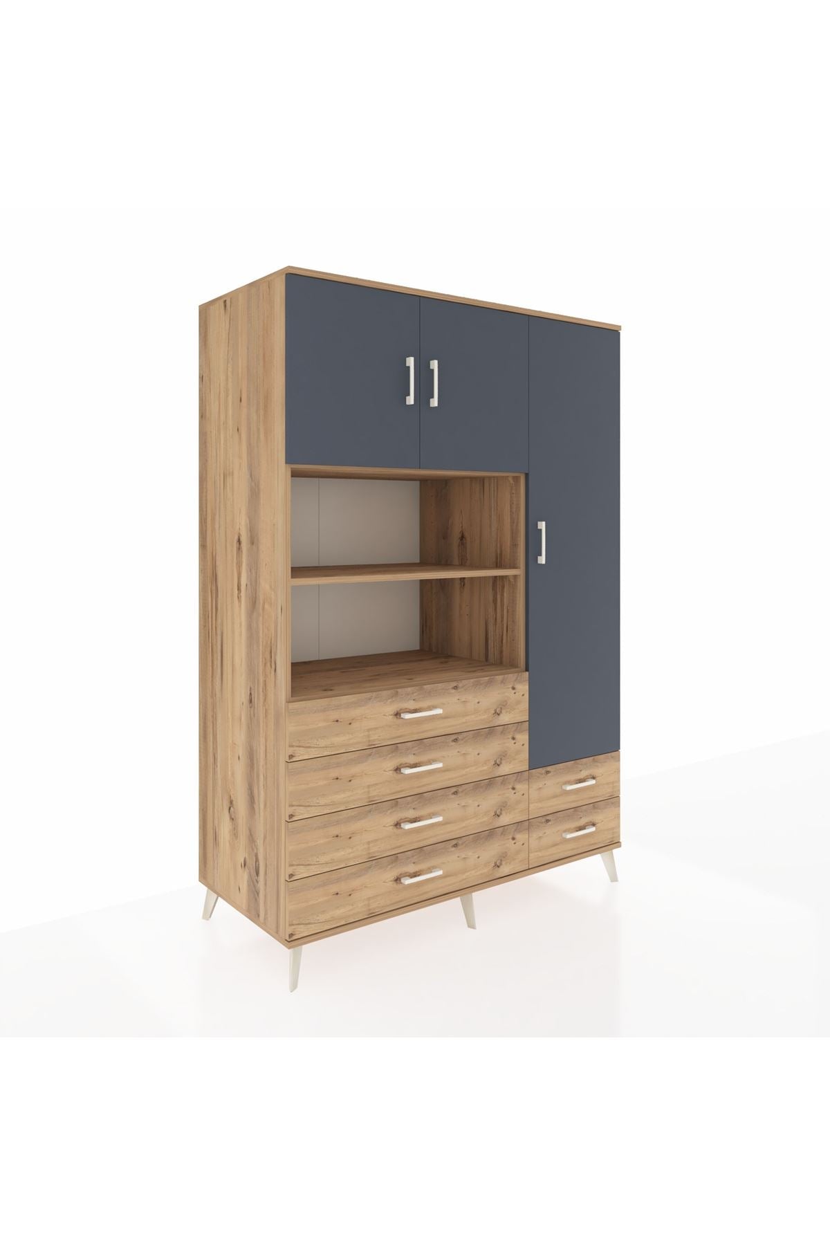 Kronos Dolap 9 Raflı 6 Çekmeceli 3 Kapaklı 132x59x195 Çam-Antrasit/Çam