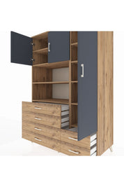 Kronos Dolap 9 Raflı 6 Çekmeceli 3 Kapaklı 132x59x195 Çam-Antrasit/Çam