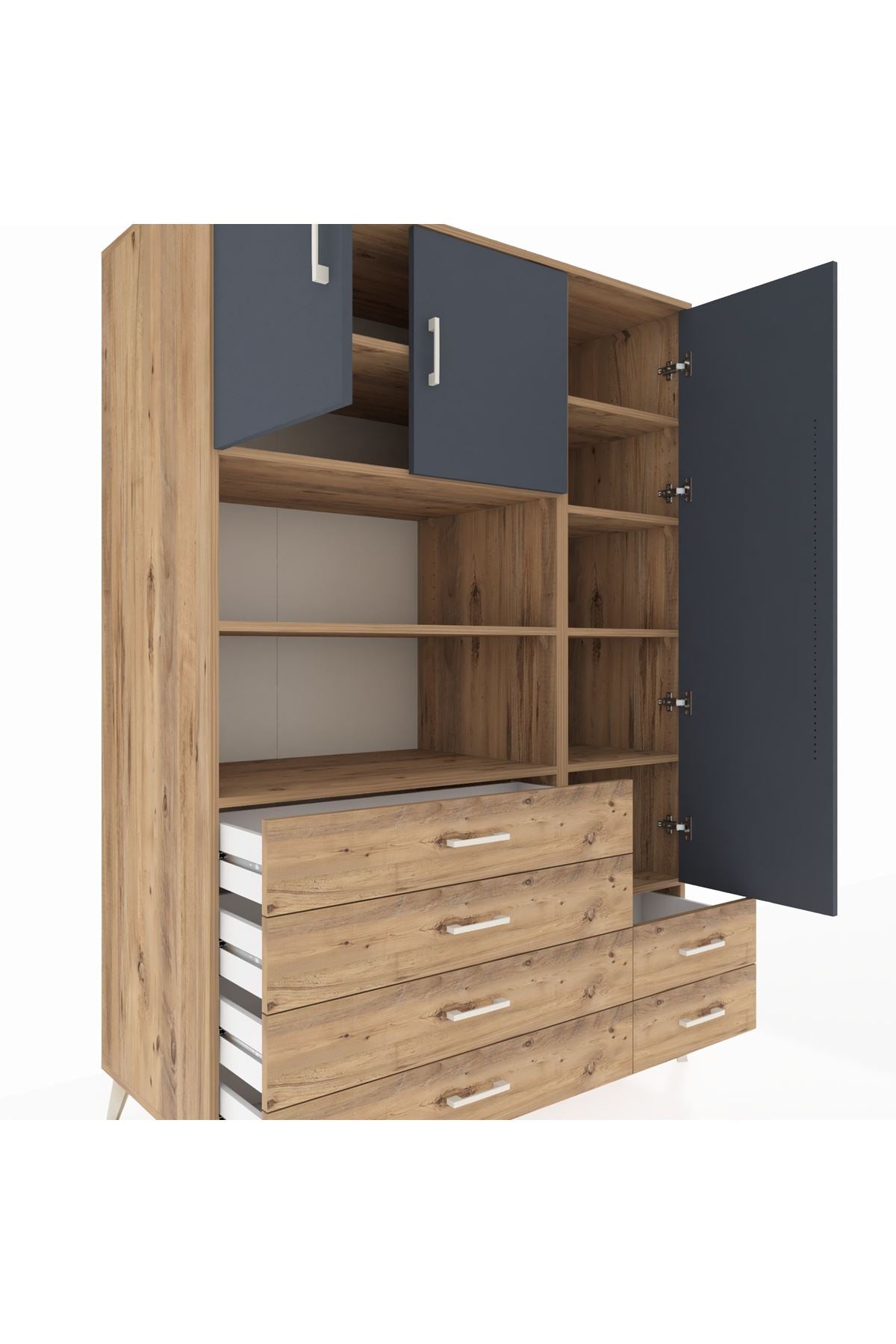 Kronos Dolap 9 Raflı 6 Çekmeceli 3 Kapaklı 132x59x195 Çam-Antrasit/Çam