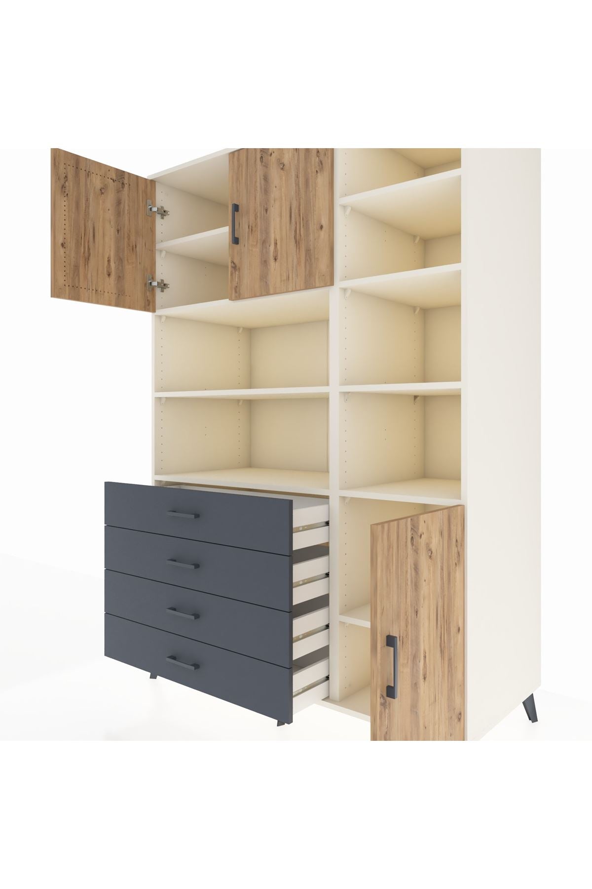 Kronos Dolap 9 Raflı 4 Çekmeceli 3 Kapaklı 132x59x195 Aytaşı-Çam/Antrasit