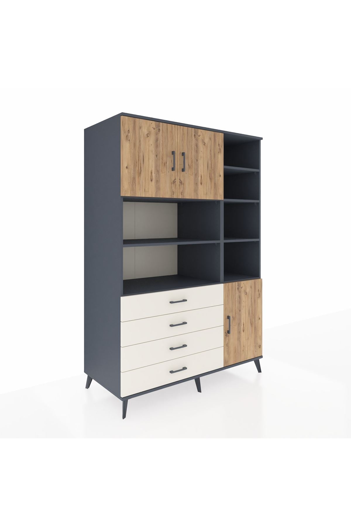 Kronos Dolap 9 Raflı 4 Çekmeceli 3 Kapaklı 132x59x195 Antrasit-Çam/Aytaşı