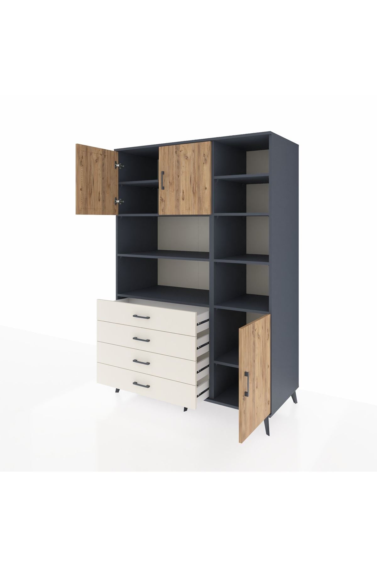 Kronos Dolap 9 Raflı 4 Çekmeceli 3 Kapaklı 132x59x195 Antrasit-Çam/Aytaşı