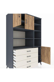 Kronos Dolap 9 Raflı 4 Çekmeceli 3 Kapaklı 132x59x195 Antrasit-Çam/Aytaşı