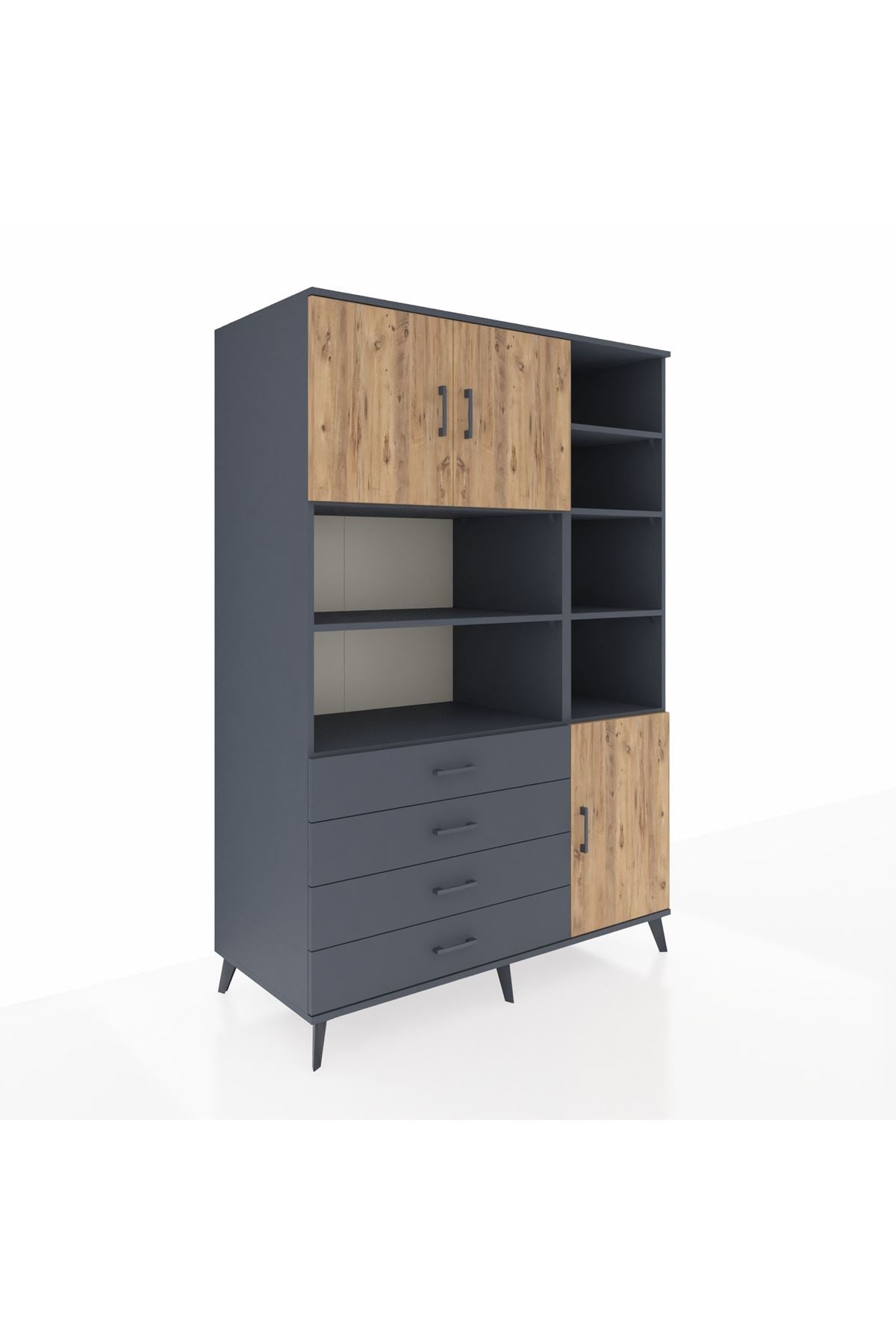 Kronos Dolap 9 Raflı 4 Çekmeceli 3 Kapaklı 132x59x195 Antrasit-Çam/Antrasit