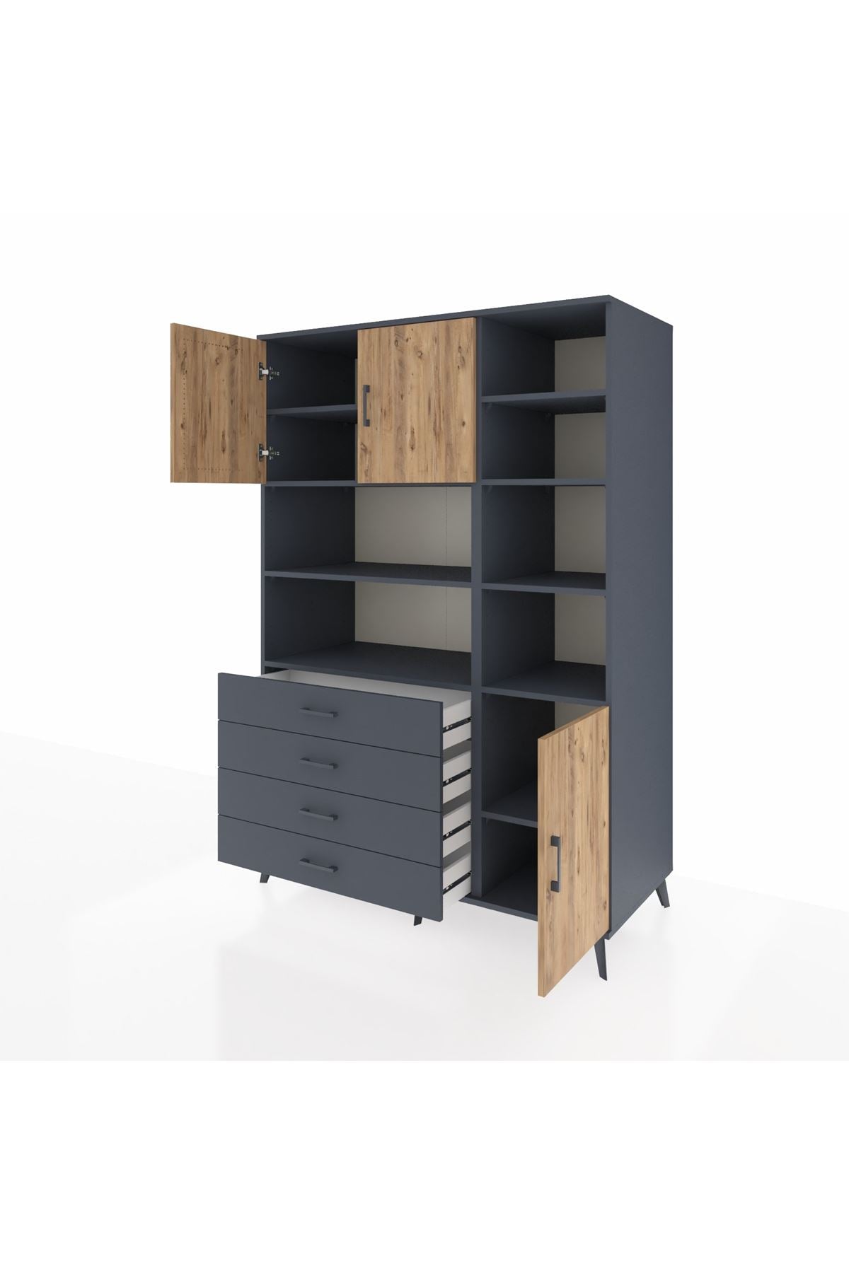 Kronos Dolap 9 Raflı 4 Çekmeceli 3 Kapaklı 132x59x195 Antrasit-Çam/Antrasit