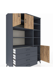 Kronos Dolap 9 Raflı 4 Çekmeceli 3 Kapaklı 132x59x195 Antrasit-Çam/Antrasit