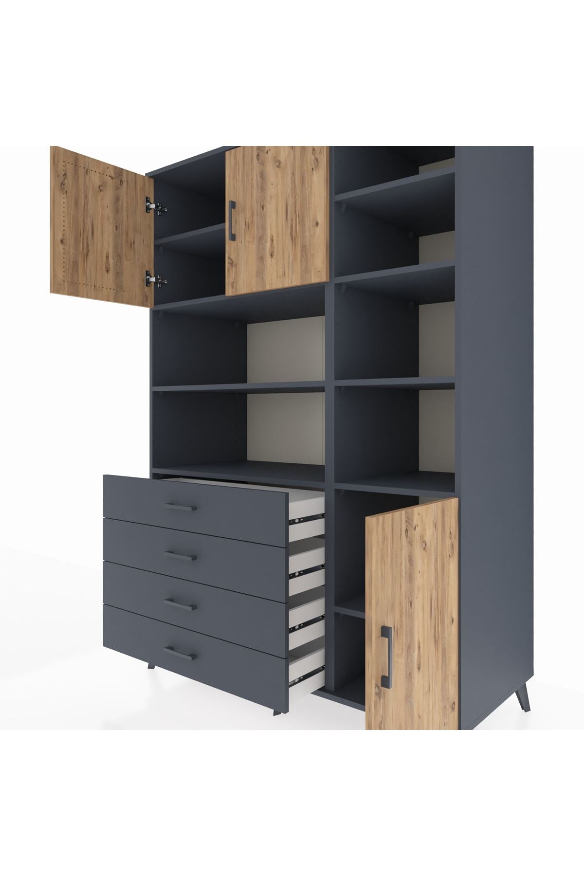 Kronos Dolap 9 Raflı 4 Çekmeceli 3 Kapaklı 132x59x195 Antrasit-Çam/Antrasit