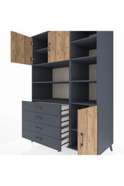 Kronos Dolap 9 Raflı 4 Çekmeceli 3 Kapaklı 132x59x195 Antrasit-Çam/Antrasit