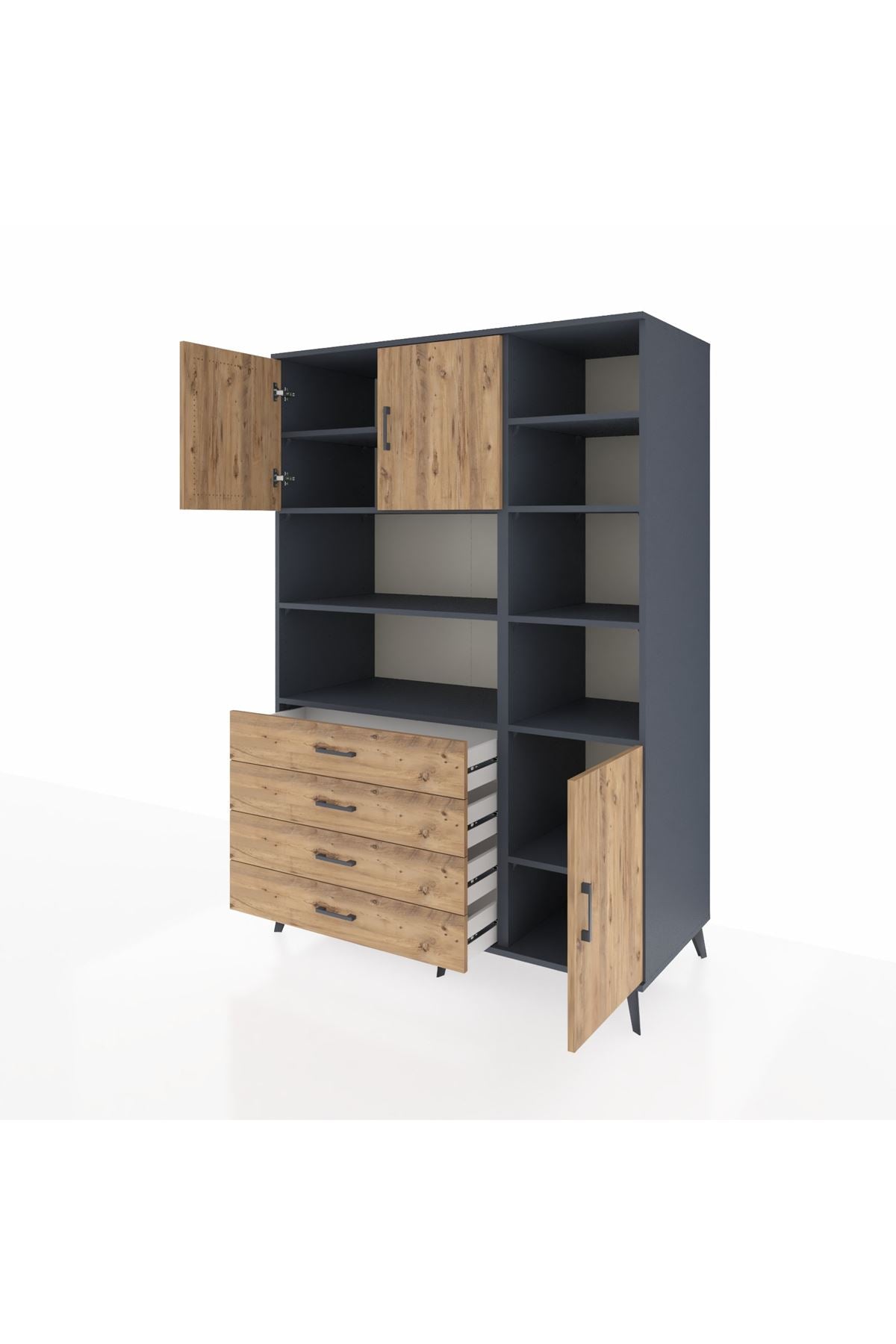 Kronos Dolap 9 Raflı 4 Çekmeceli 3 Kapaklı 132x59x195 Antrasit-Çam/Çam