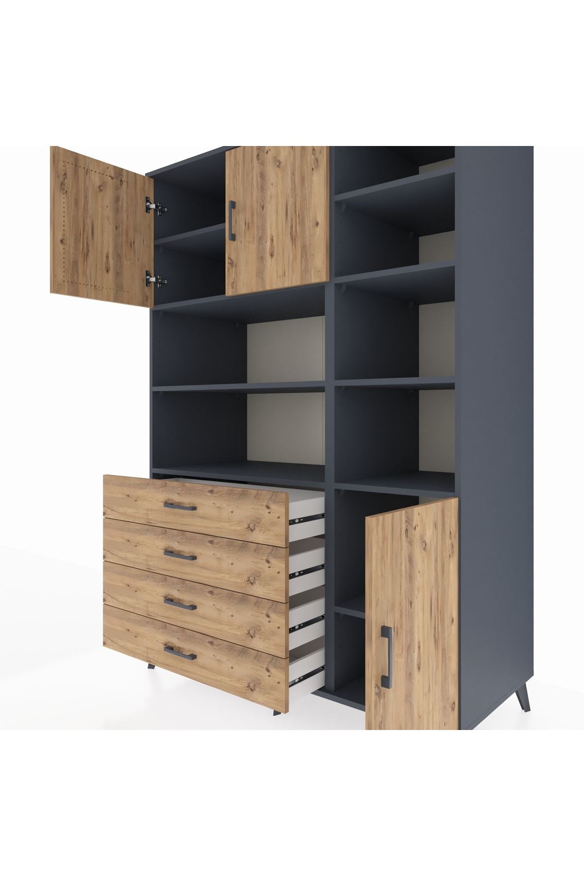 Kronos Dolap 9 Raflı 4 Çekmeceli 3 Kapaklı 132x59x195 Antrasit-Çam/Çam