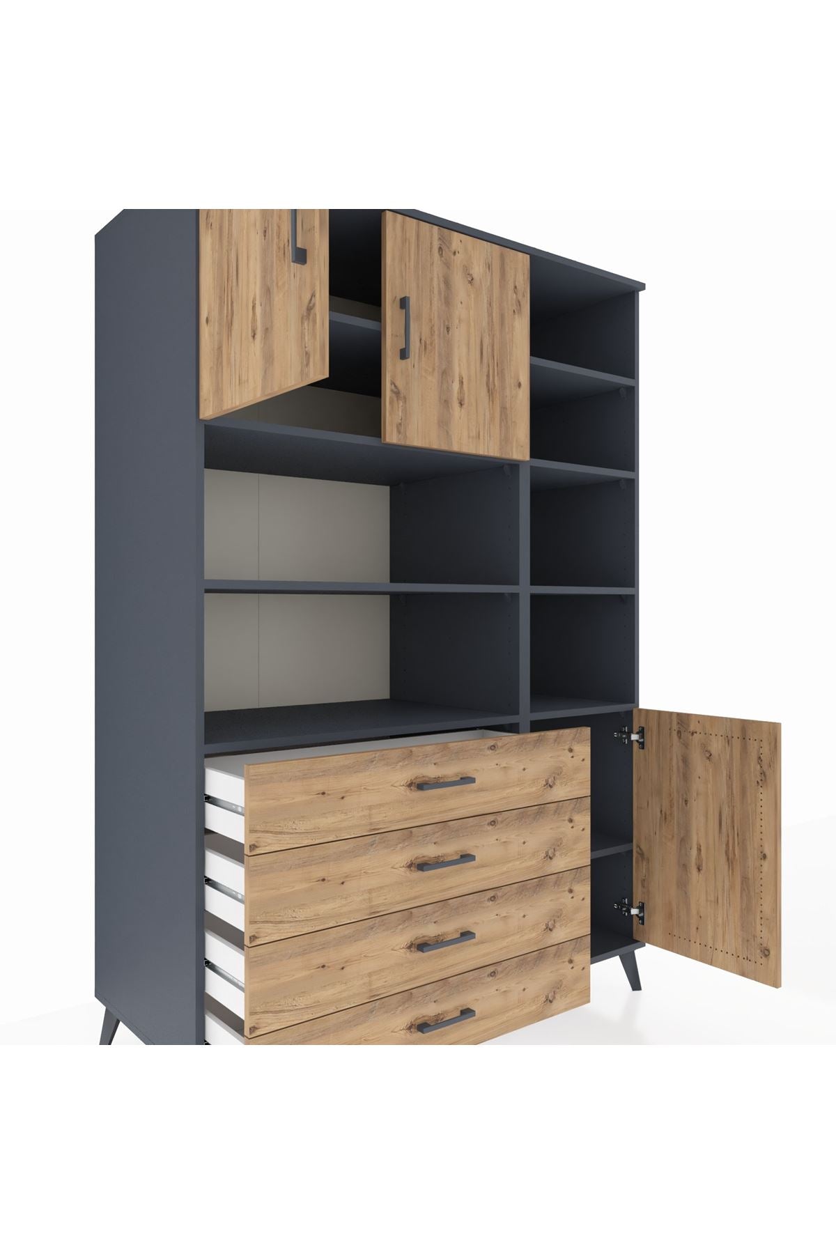 Kronos Dolap 9 Raflı 4 Çekmeceli 3 Kapaklı 132x59x195 Antrasit-Çam/Çam