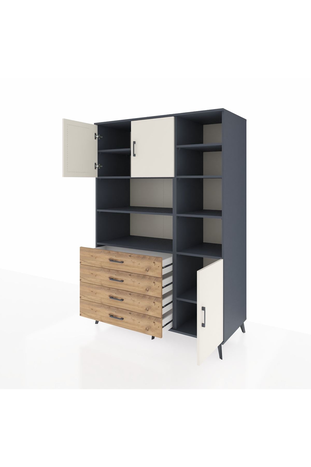 Kronos Dolap 9 Raflı 4 Çekmeceli 3 Kapaklı 132x59x195 Antrasit-Aytaşı/Çam