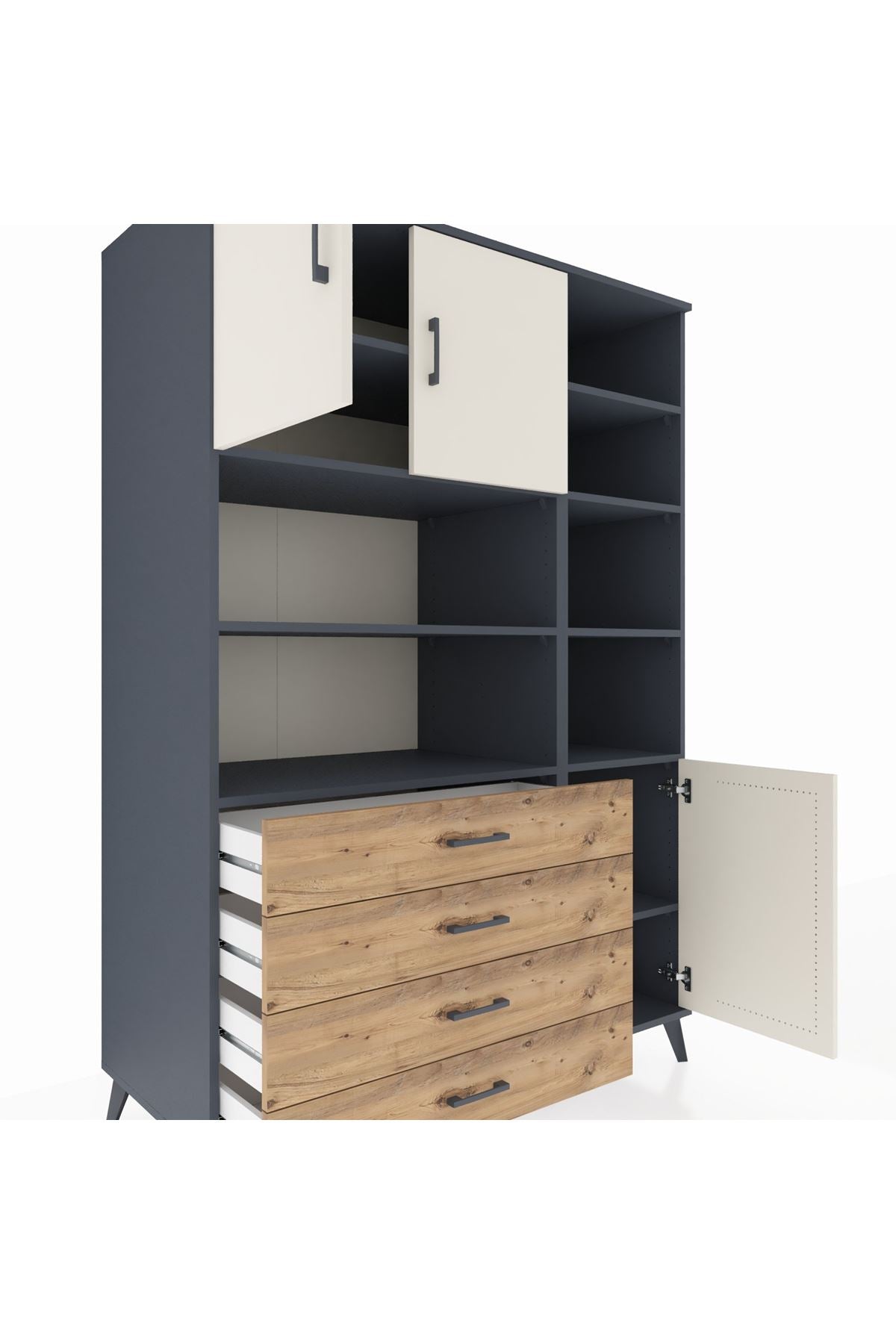 Kronos Dolap 9 Raflı 4 Çekmeceli 3 Kapaklı 132x59x195 Antrasit-Aytaşı/Çam