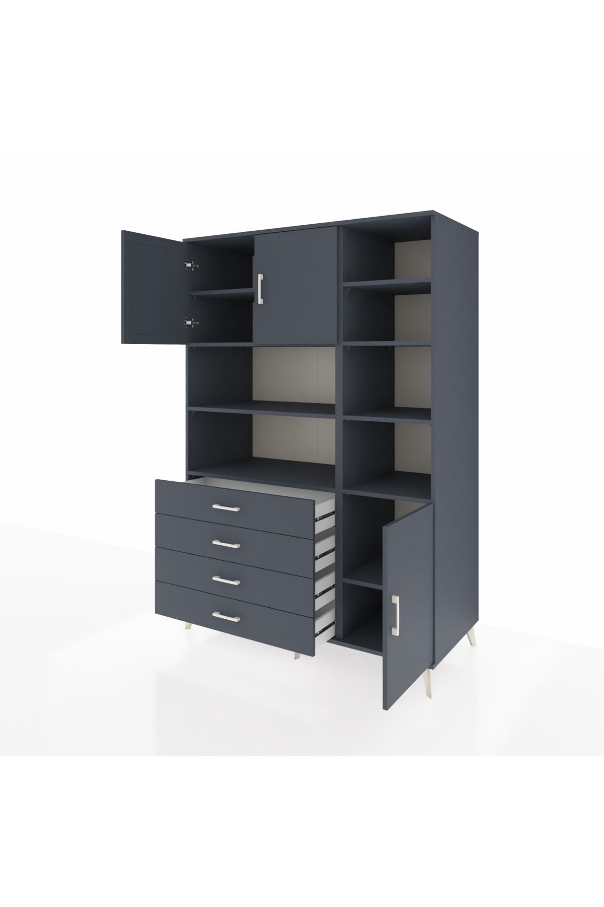 Kronos Dolap 9 Raflı 4 Çekmeceli 3 Kapaklı 132x59x195 Antrasit-Antrasit/Antrasit