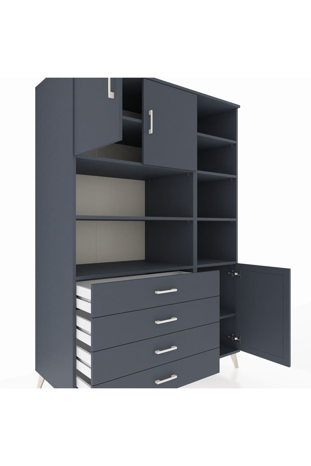 Kronos Dolap 9 Raflı 4 Çekmeceli 3 Kapaklı 132x59x195 Antrasit-Antrasit/Antrasit
