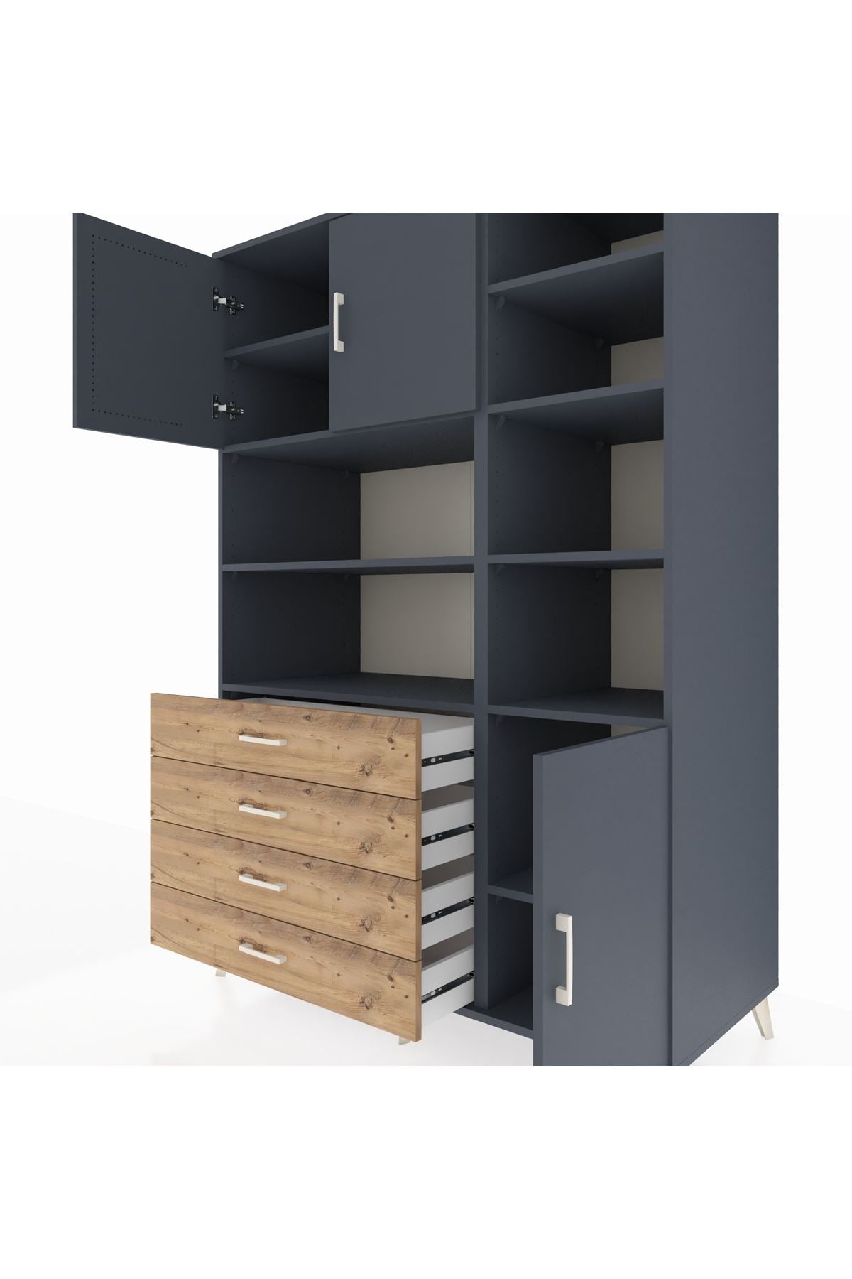 Kronos Dolap 9 Raflı 4 Çekmeceli 3 Kapaklı 132x59x195 Antrasit-Antrasit/Çam