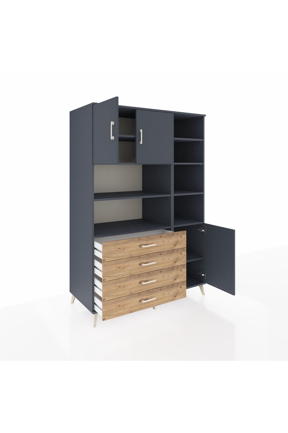 Kronos Dolap 9 Raflı 4 Çekmeceli 3 Kapaklı 132x59x195 Antrasit-Antrasit/Çam