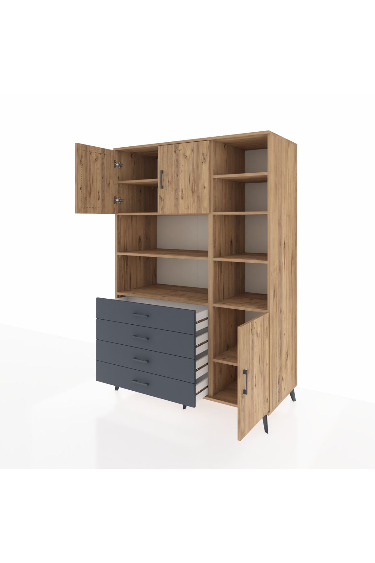 Kronos Dolap 9 Raflı 4 Çekmeceli 3 Kapaklı 132x59x195 Çam-Çam/Antrasit