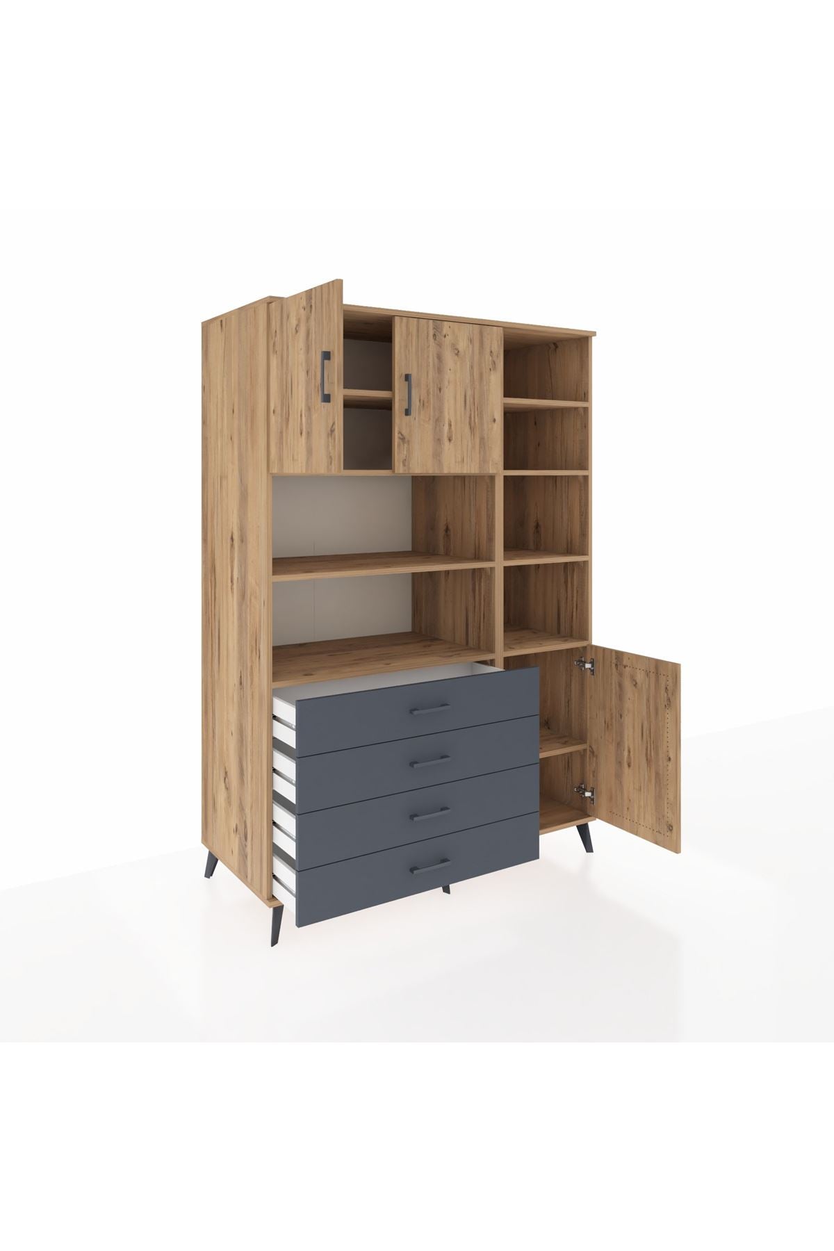 Kronos Dolap 9 Raflı 4 Çekmeceli 3 Kapaklı 132x59x195 Çam-Çam/Antrasit